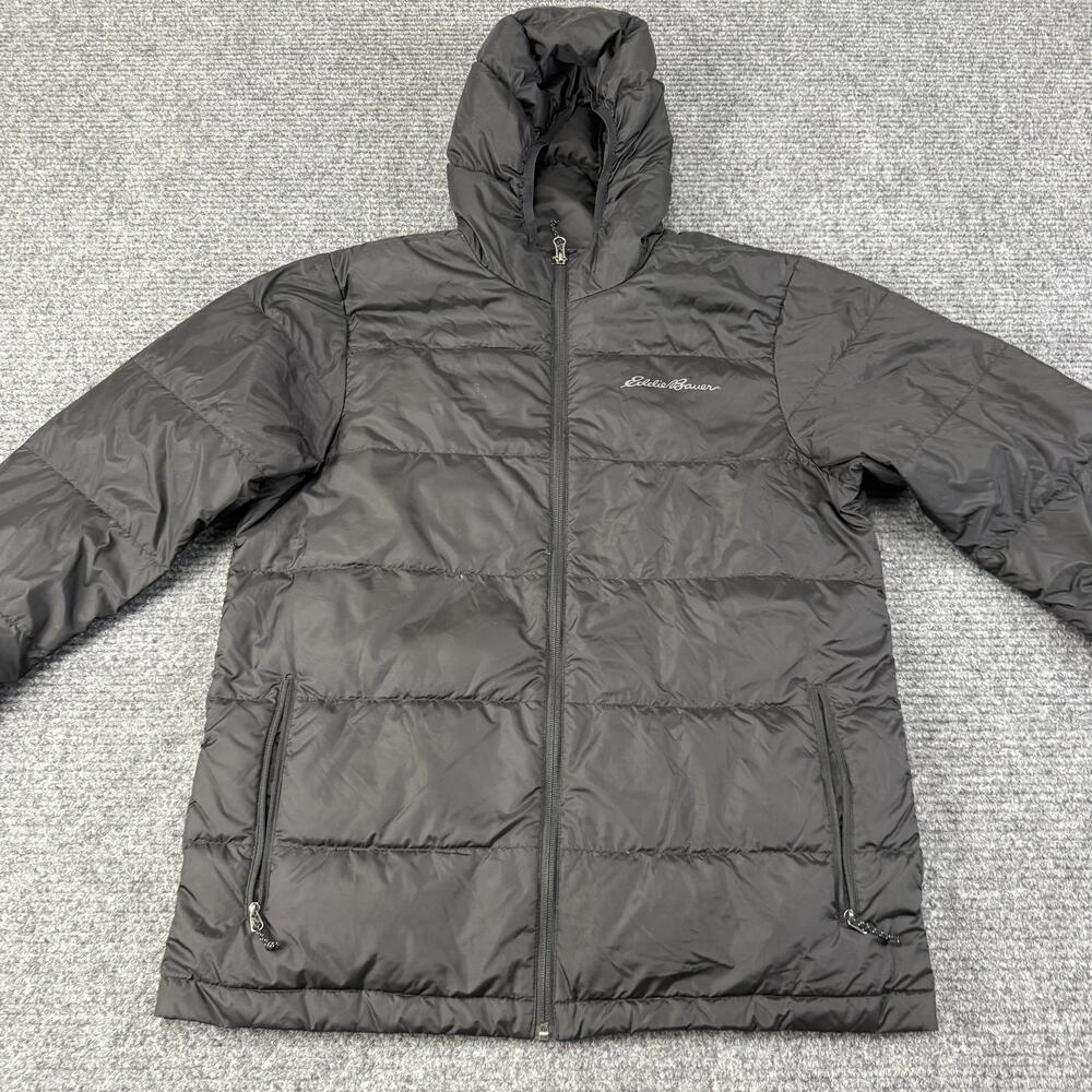 Eddie Bauer Jacket Mens Medium Black Hooded Down Puffer Quilted Full Zip EB650